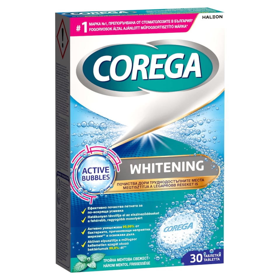 Corega Whitening tabletta kivehető fogászati eszközök tisztítására 30 db