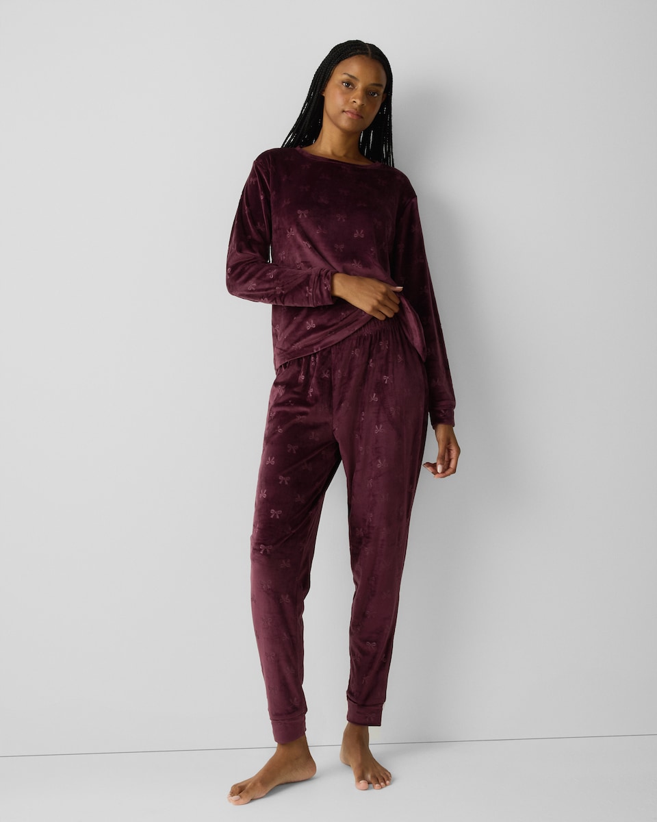 image 1 of F&F Fleece Bow Pyjama Set in Burgundy