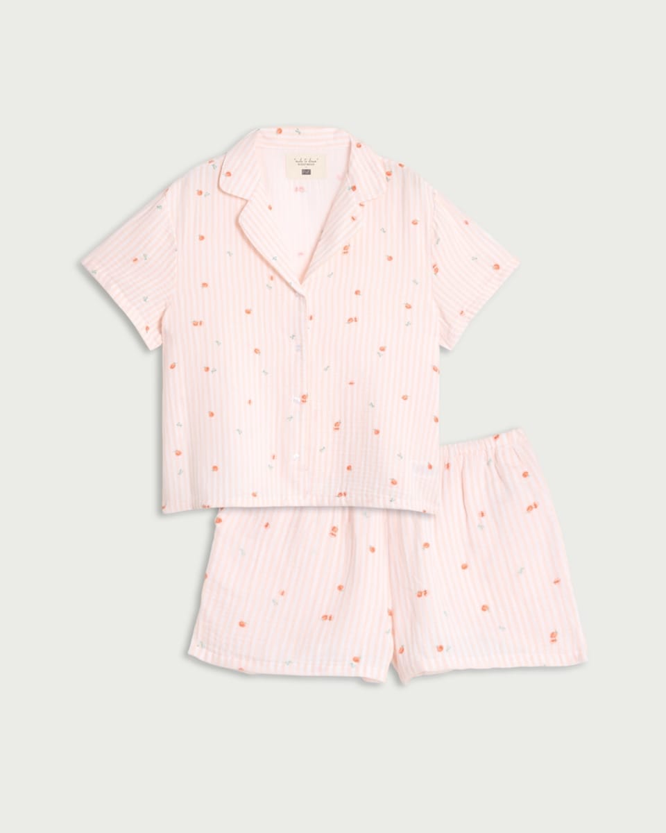 image 1 of F&F 2-Piece Pure Cotton Double Cloth Striped Peach Pyjama Set in Multi Orange