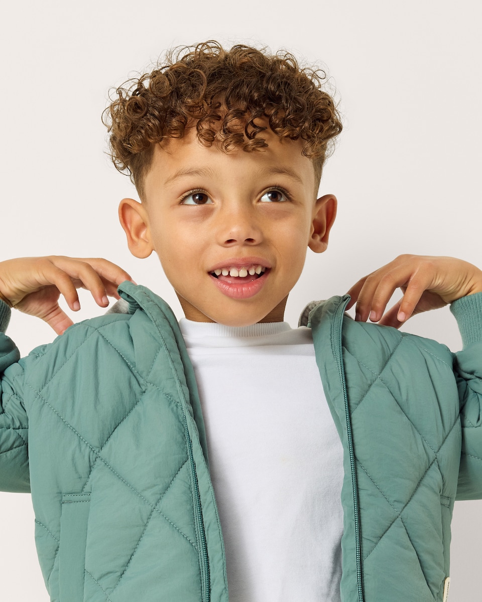 image 1 of F&F Boys Quilted Shower Resistant Hooded Jacket in Teal