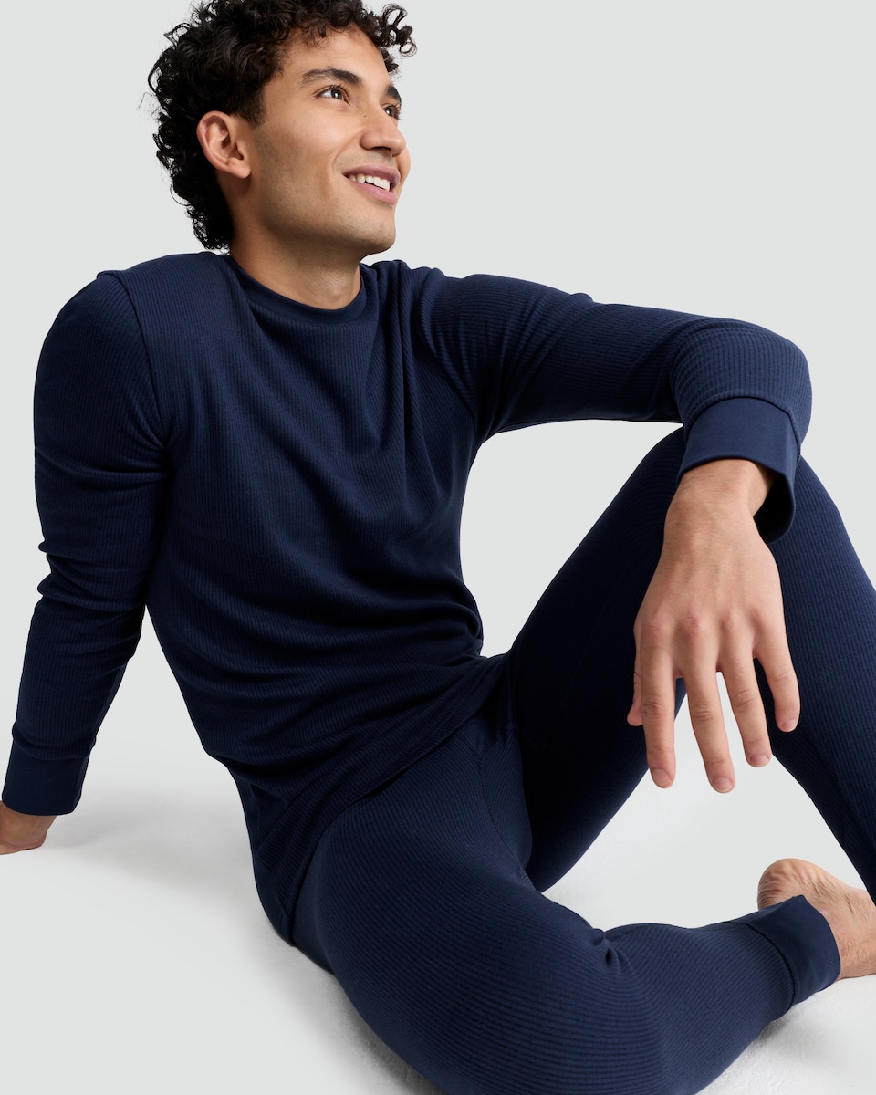 image 1 of F&F Cotton Blend Ribbed Thermal Long Johns in Navy