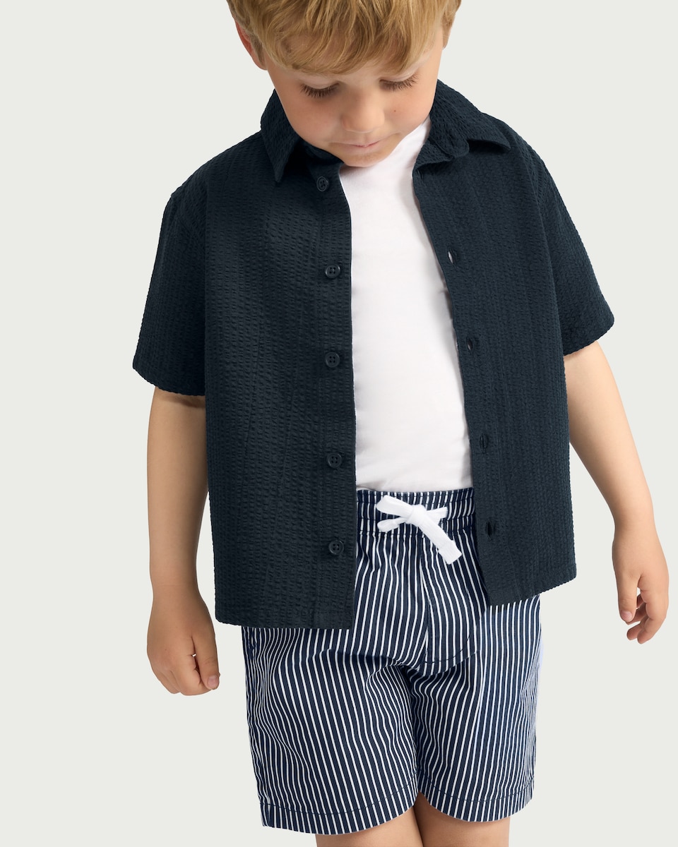 image 1 of F&F Boys 3-Piece Pure Cotton Shirt, T-Shirt and Shorts Set in Navy