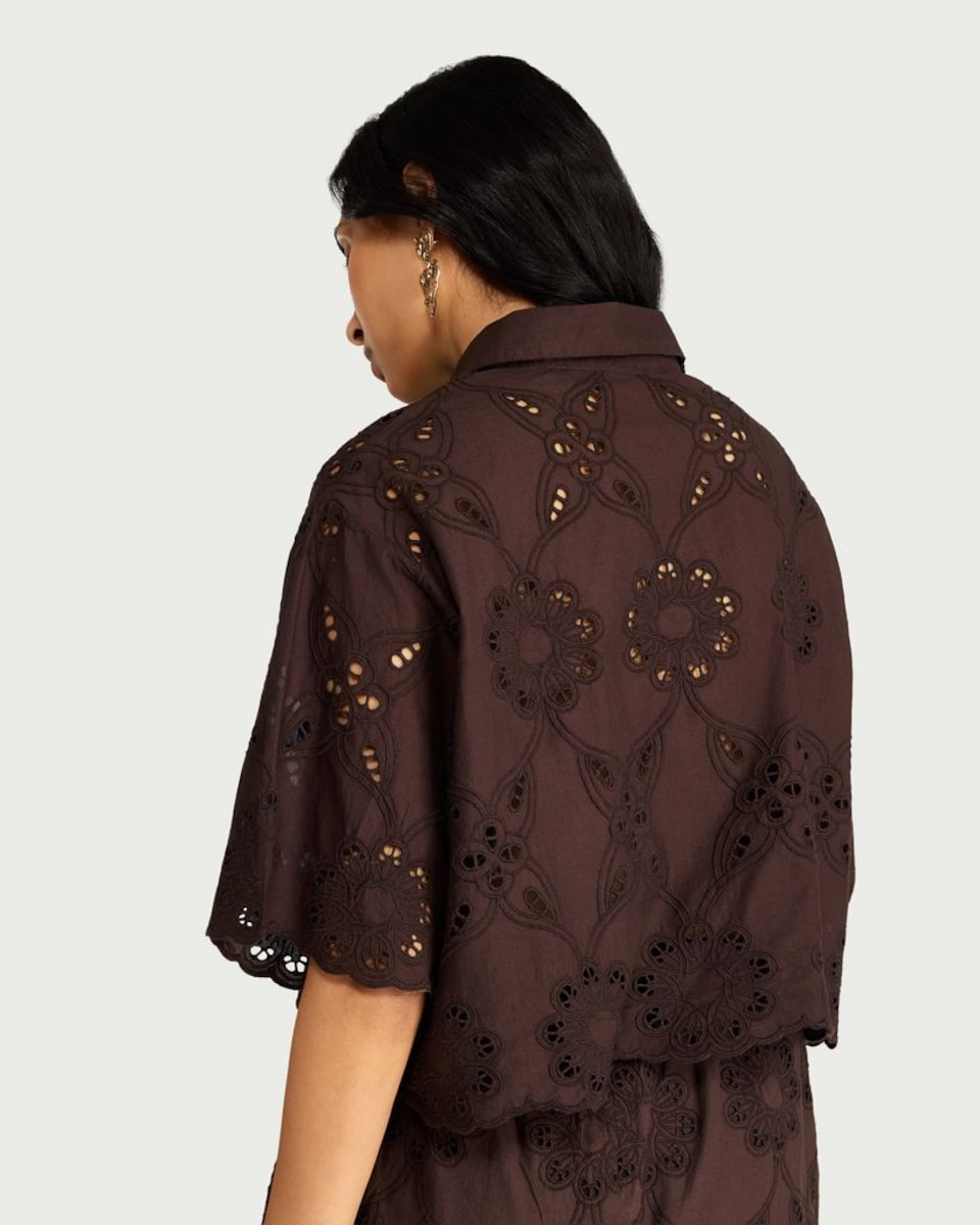 image 1 of The F&F Edit Pure Cotton Embroidered Scallop Hem Co-ord Shirt in Chocolate