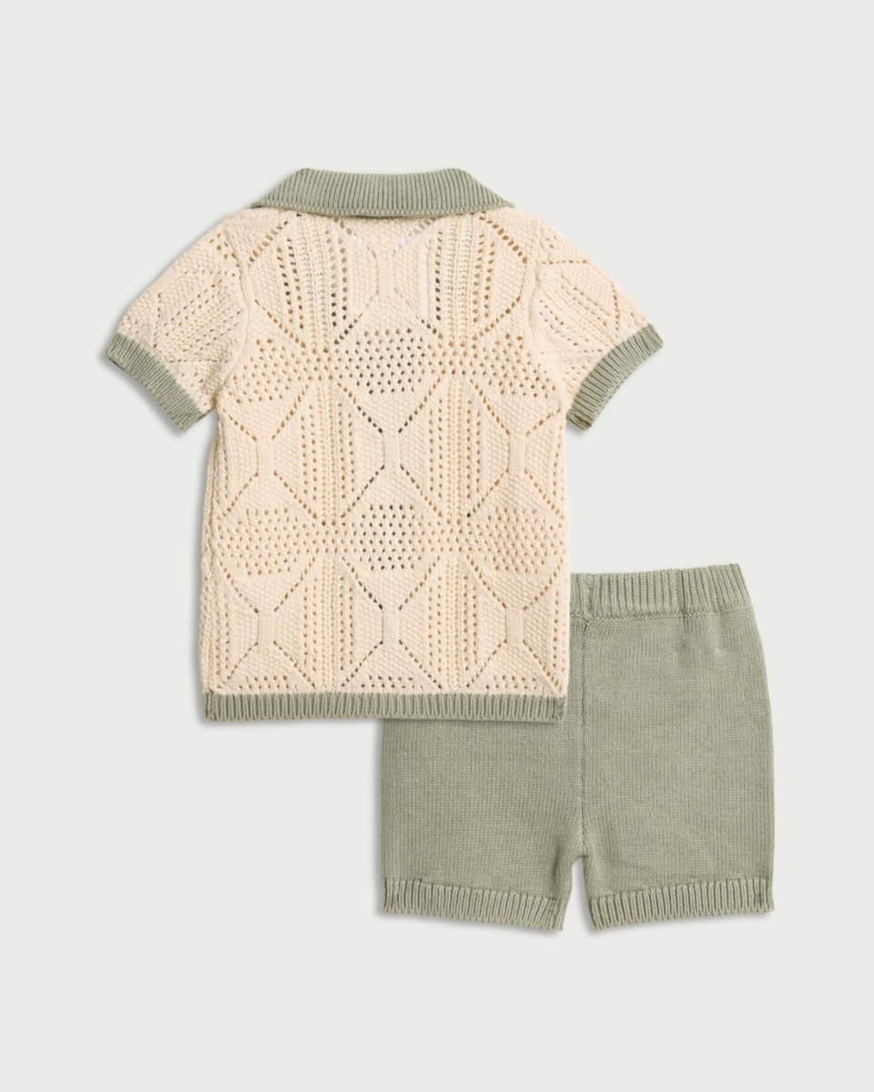 image 1 of F&F Baby 2-Piece Pure Cotton Crochet Shirt and Shorts Set in Green