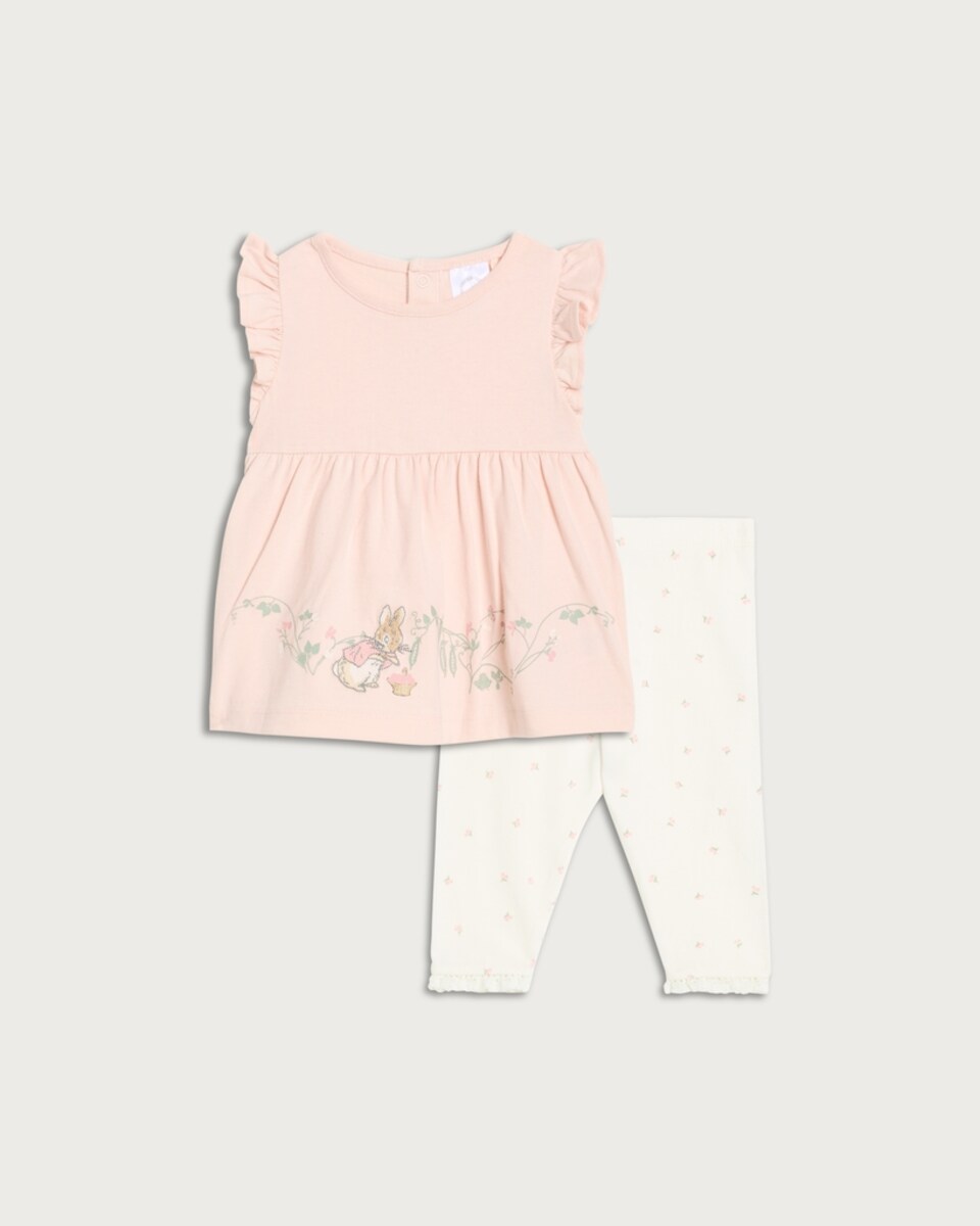 Peter Rabbit 2-Piece Pure Cotton Frill Sleeve Top and Leggings Set in Pink