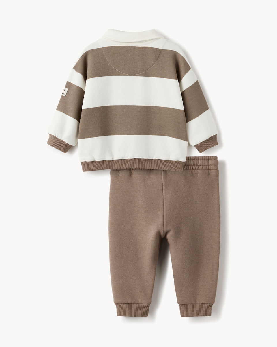 image 1 of F&F Baby 2-Piece Cotton Rich Striped Bear Sweatshirt and Joggers Set in Neutral