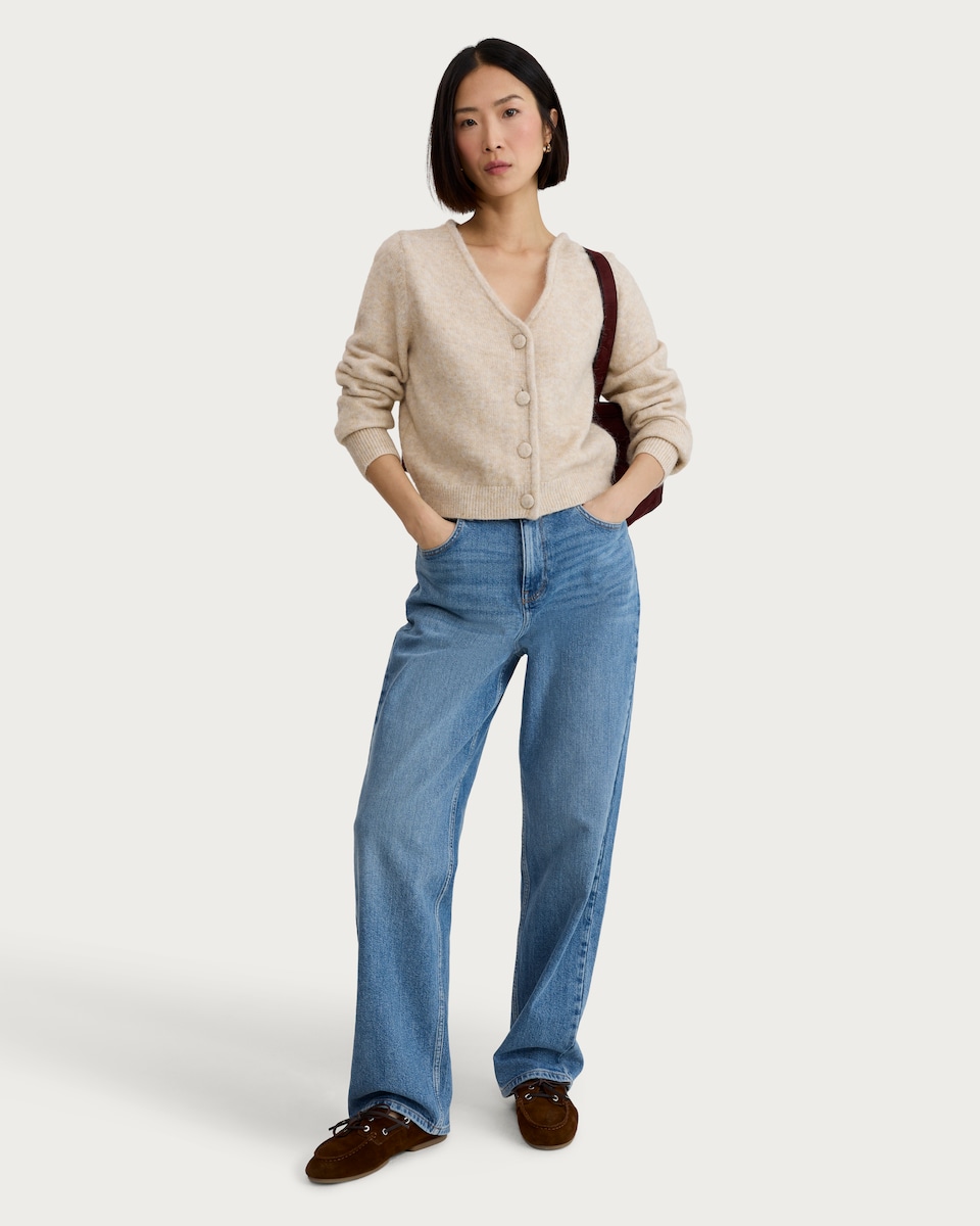 image 1 of F&F Knitted Fluffy V Neck Cardigan in Mink