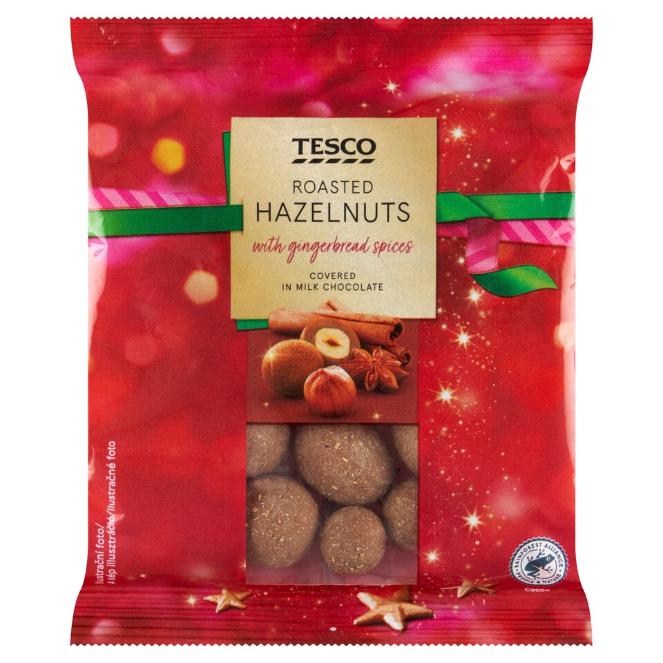 Tesco Pražená jádra lískových ořechů v mléčné čokoládě s perníkovým kořením 110g