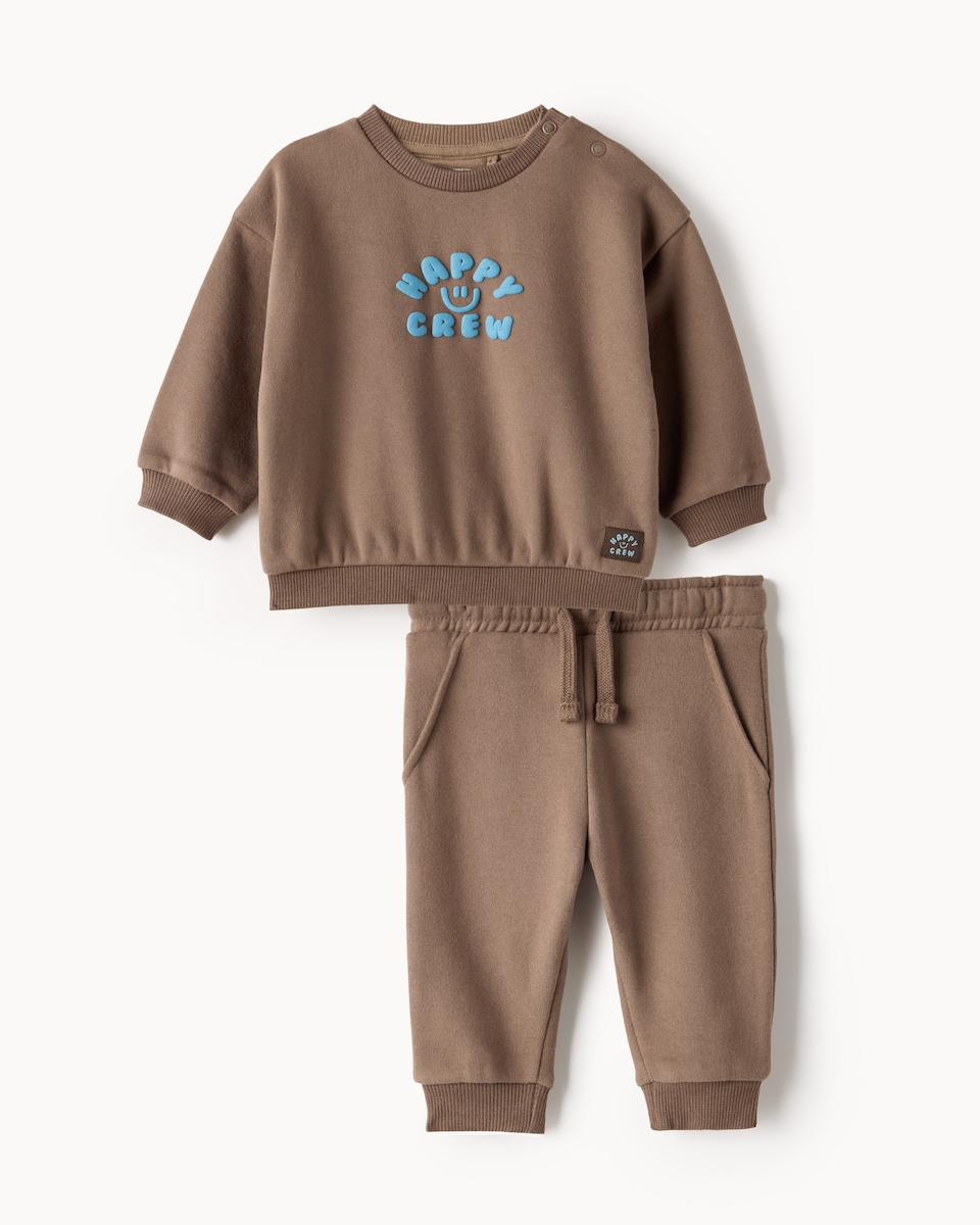 F&F Baby Cotton Rich Happy Crew Sweatshirt and Joggers Set in Brown