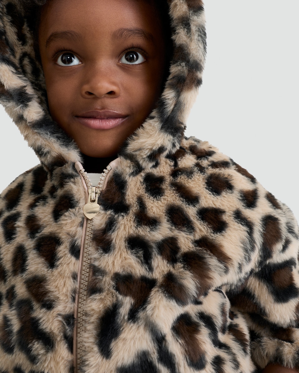 image 1 of F&F Girls Faux Fur Leopard Print Jacket in Multi Brown