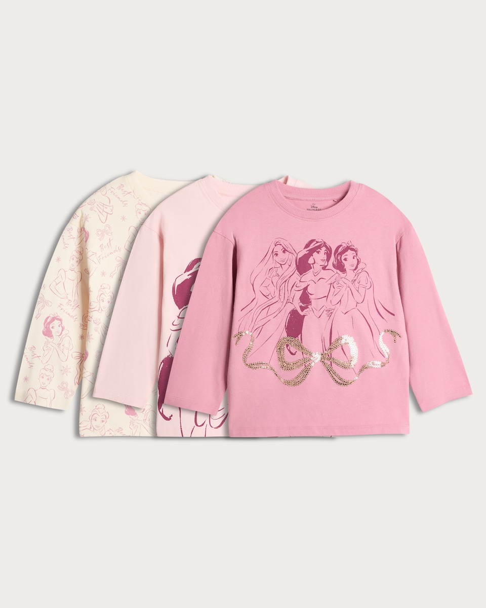 image 1 of Disney Princess 3-Pack Pure Cotton Long Sleeved Tops in Pink