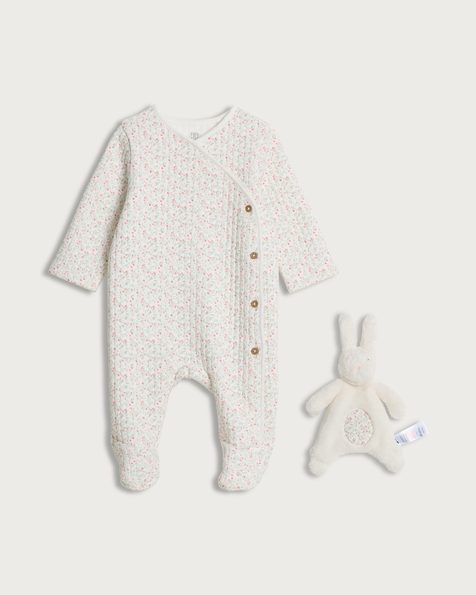 image 1 of F&F Baby Pure Cotton Quilted Sleepsuit and Bunny Comforter in Pink