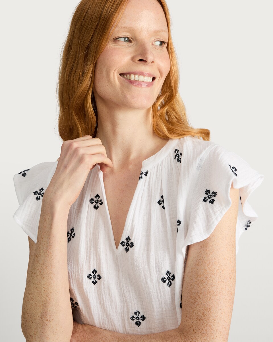 image 1 of F&F Pure Cotton Embroidered Flutter Sleeved Top in Multi White