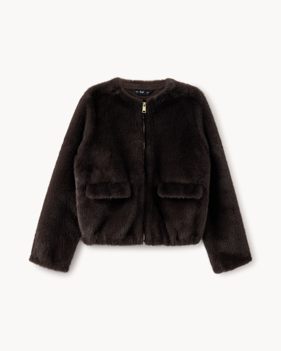 image 1 of F&F Faux Fur Zip Up Short Jacket in Grey