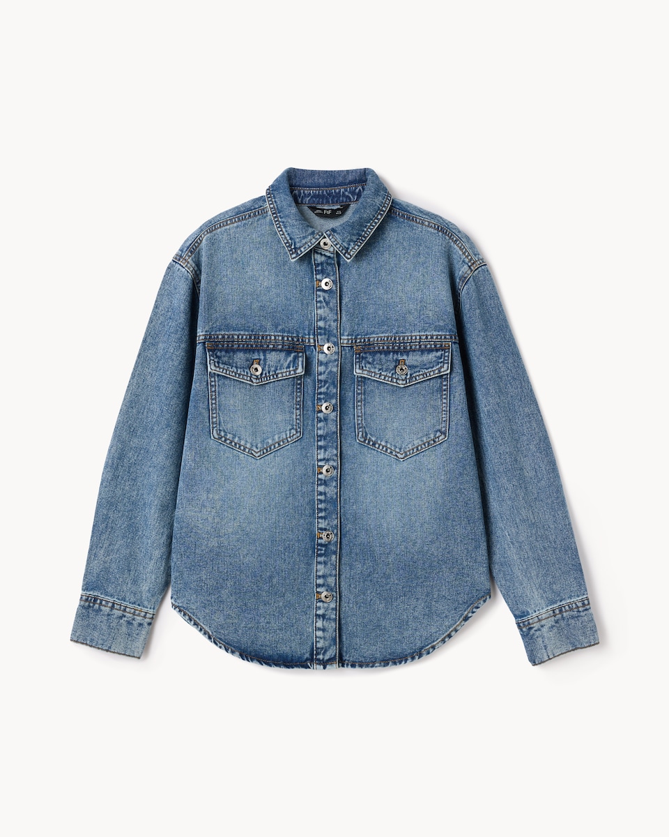 image 1 of F&F Pure Cotton Button Up Denim Shirt in Blue