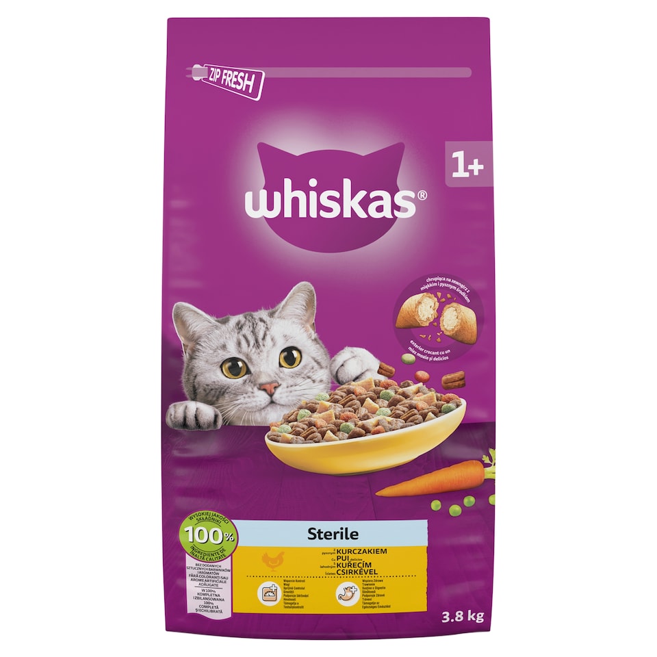 Whiskas Sterile teljes értékű szárazeledel felnőtt macskáknak csirkével 3,8 kg