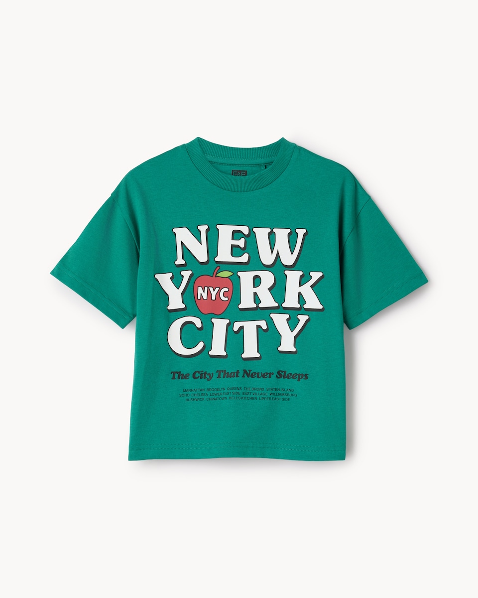 image 1 of F&F Boys Pure Cotton New York T-Shirt in Green