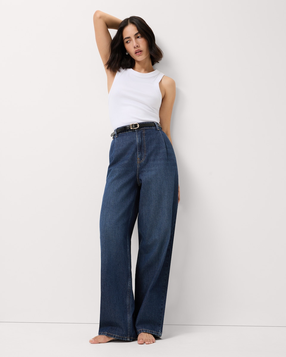 image 1 of F&F Pure Cotton Pleated Relaxed Fit Jeans in Navy
