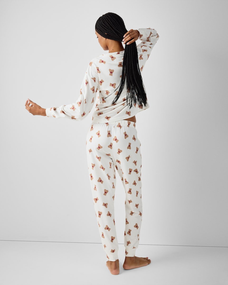 image 1 of F&F Fleece Teddy Bear Pyjama Set in Cream