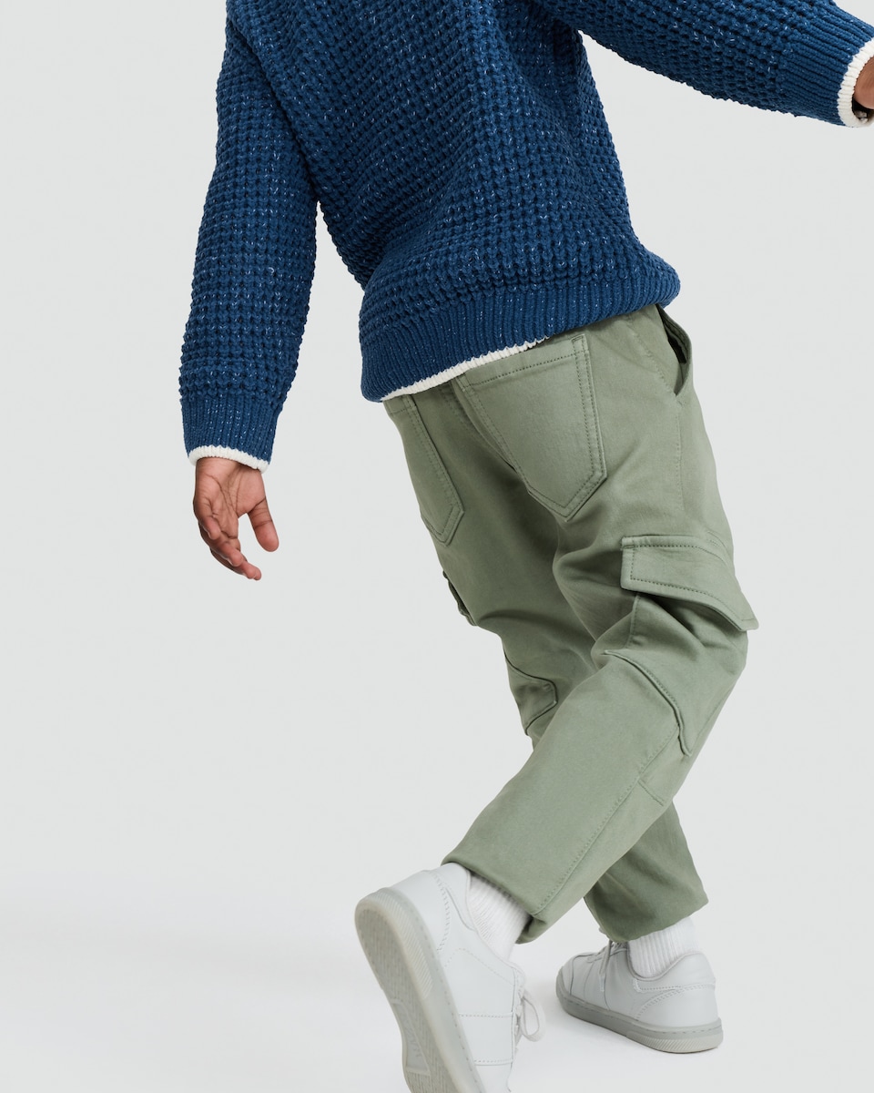 image 1 of F&F Boys Cotton Rich Cuffed Drawstring Cargo Joggers in Khaki