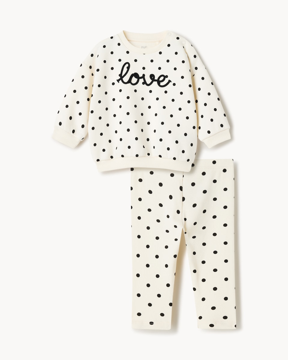 image 1 of F&F Baby Cotton Rich Polka Dot Sweatshirt and Leggings Set in Cream