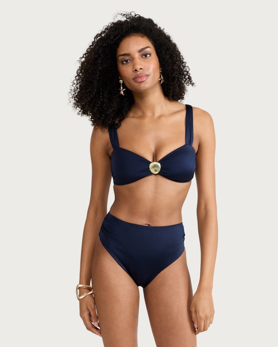 image 1 of F&F High Shine Shell Detail Bikini Top in Navy