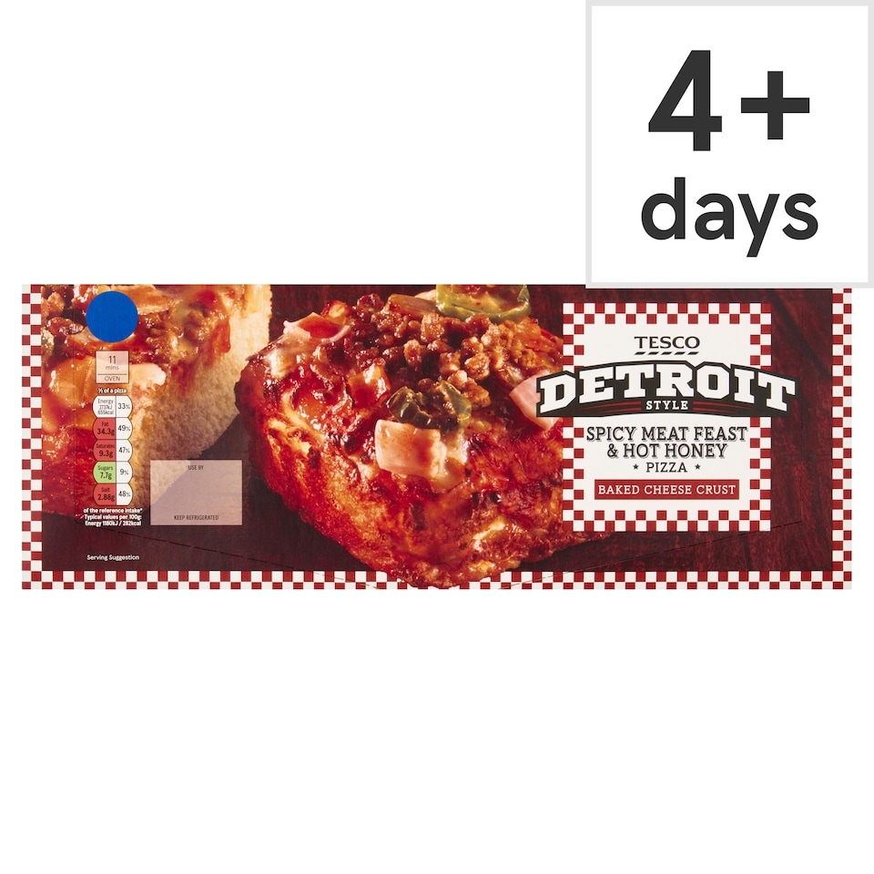 TESCO SPICY MEAT FEAST & HOT HONEY DETROIT STYLE PIZZA 489G