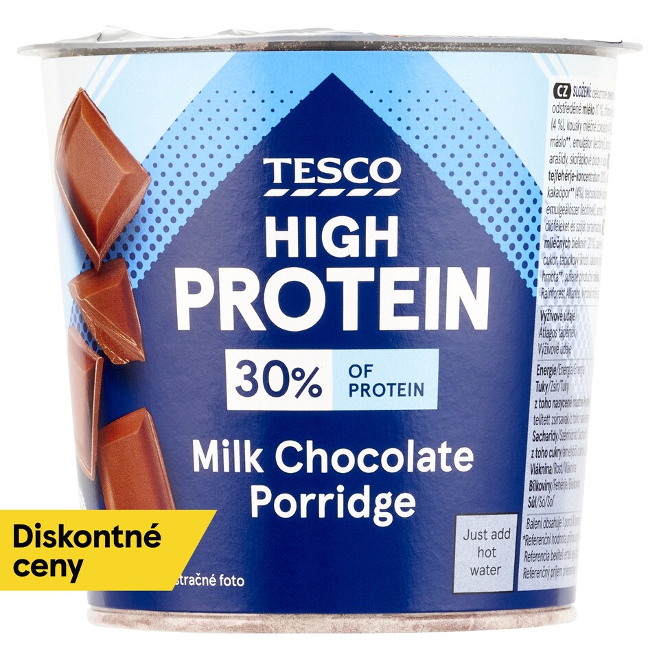 Tesco High Protein instantná kakaová ovsená kaša s kúskami mliečnej čokolády 65 g