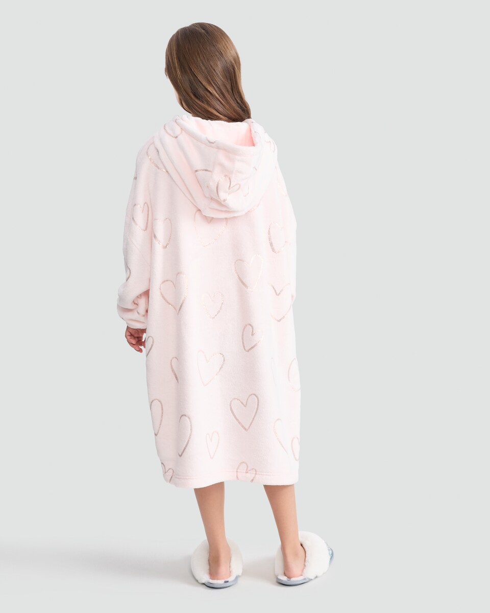 image 1 of F&F Girls Fleece Heart Print Longline Pyjama Hoodie in Multi