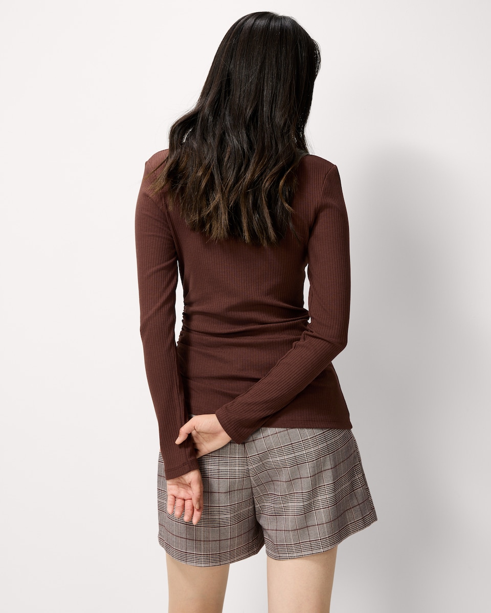 image 1 of F&F Cotton Blend Ribbed Ruched Side Top in Brown