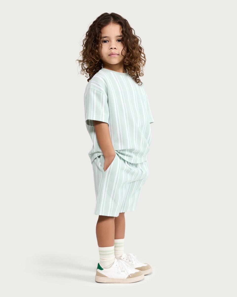 image 1 of F&F Boys 2-Piece Cotton Rich Textured Striped T-Shirt and Shorts Set in Mint