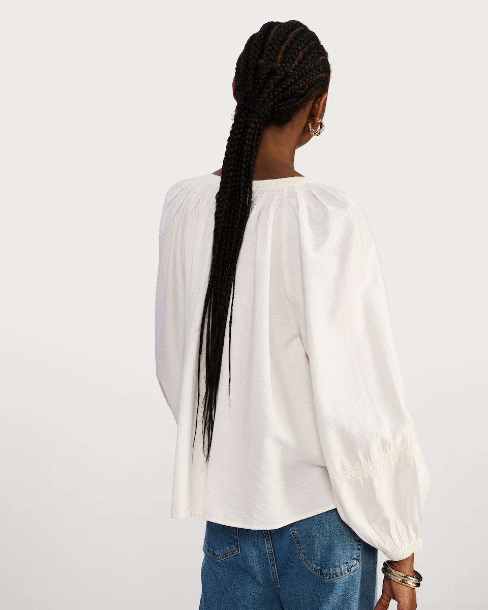 image 1 of F&F Textured Tie Neck Balloon Sleeve Blouse in Cream