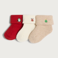 F&F Baby 3-Pack Cotton Rich Ribbed Festive Ankle Socks in Red
