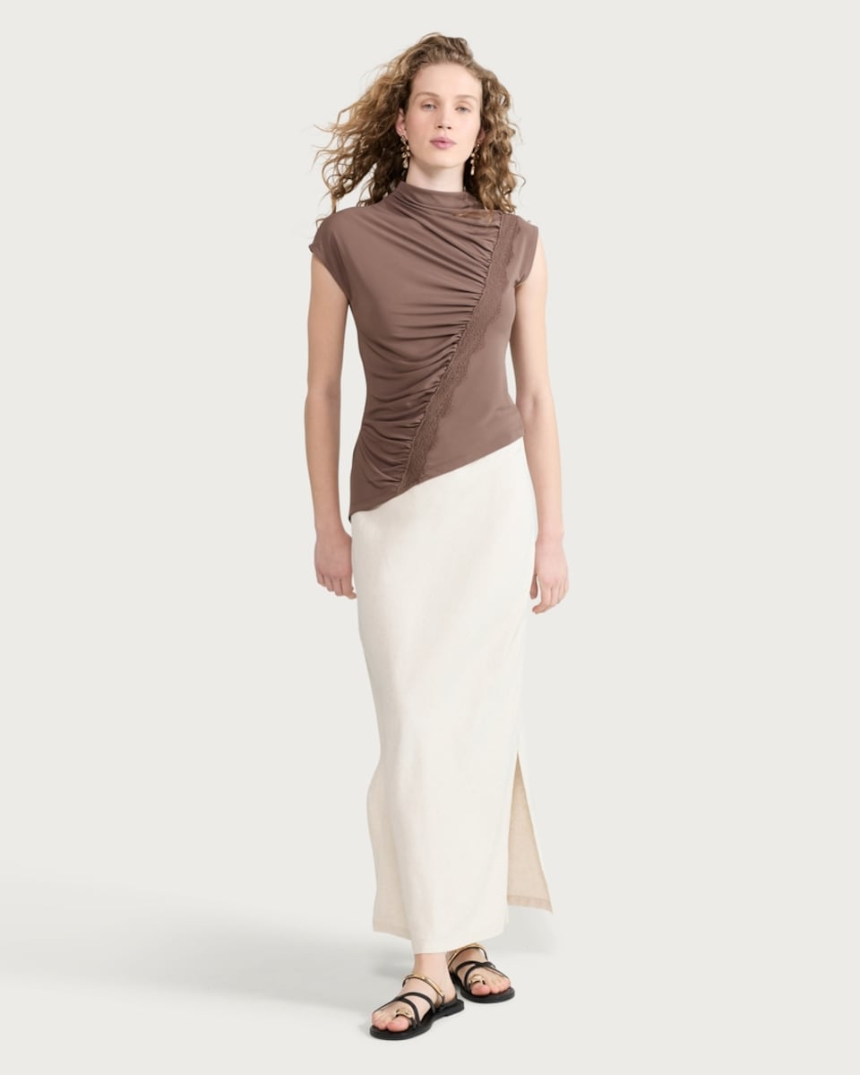 image 1 of F&F Ruched Lace Trim Short Sleeved T-Shirt in Mink