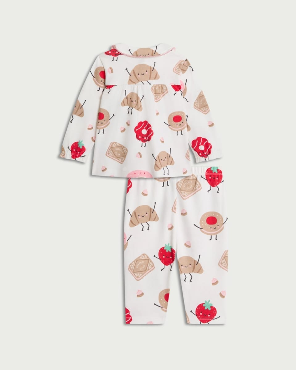 image 1 of F&F Baby Pure Cotton Pastry Print Revere Pyjama Set in White