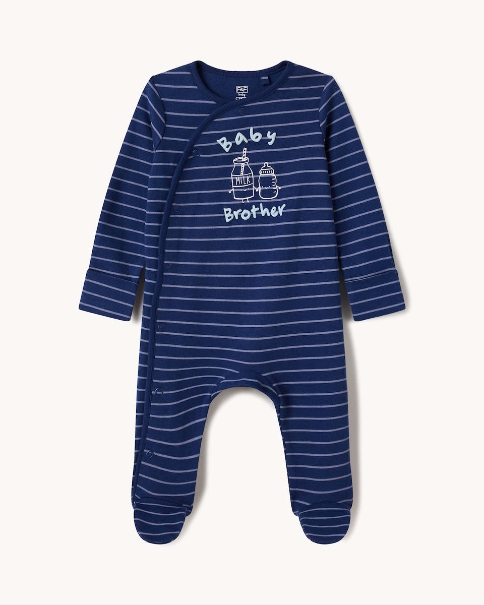 image 1 of F&F Baby Pure Cotton Baby Brother Striped Sleepsuit in Blue