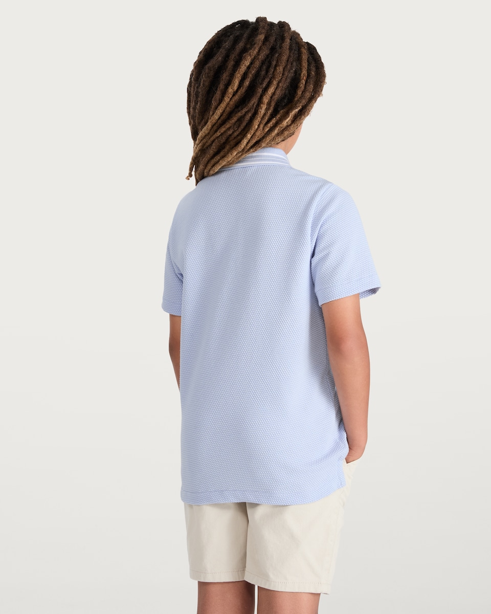 image 1 of F&F Boys Cotton Rich Textured Striped Polo Shirt in Blue