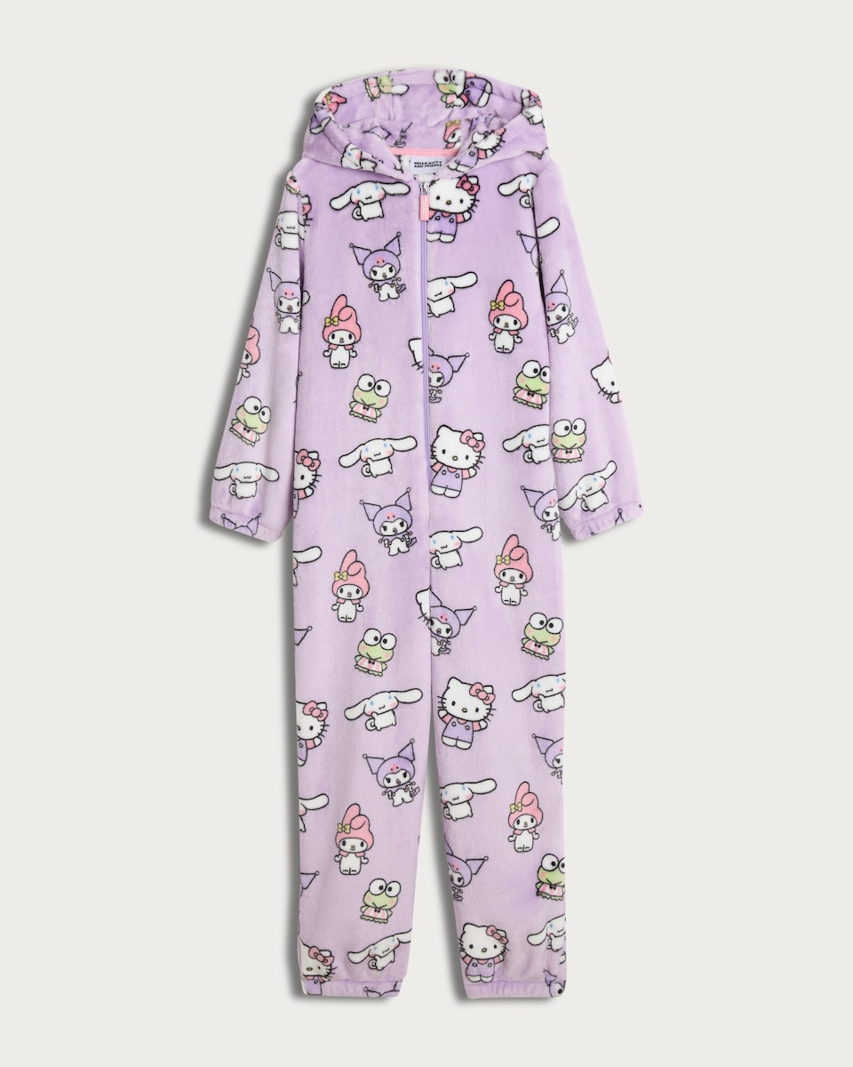 image 1 of Hello Kitty Fleece Hooded Onesie in Pink