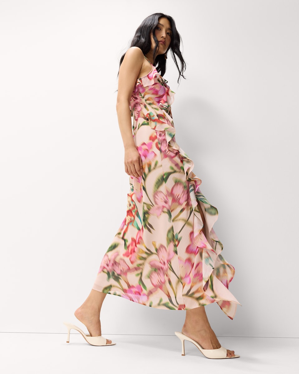 image 1 of F&F Floral Ruffle Sleeved Midi Dress in Multi Pink