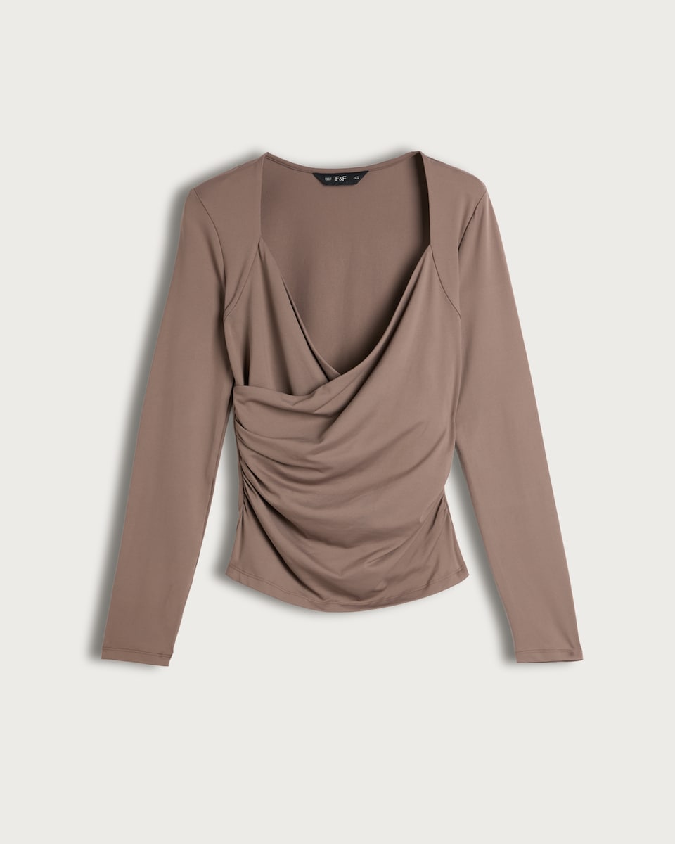 image 1 of F&F Polyamide Long Sleeved Wrap Top in Tan