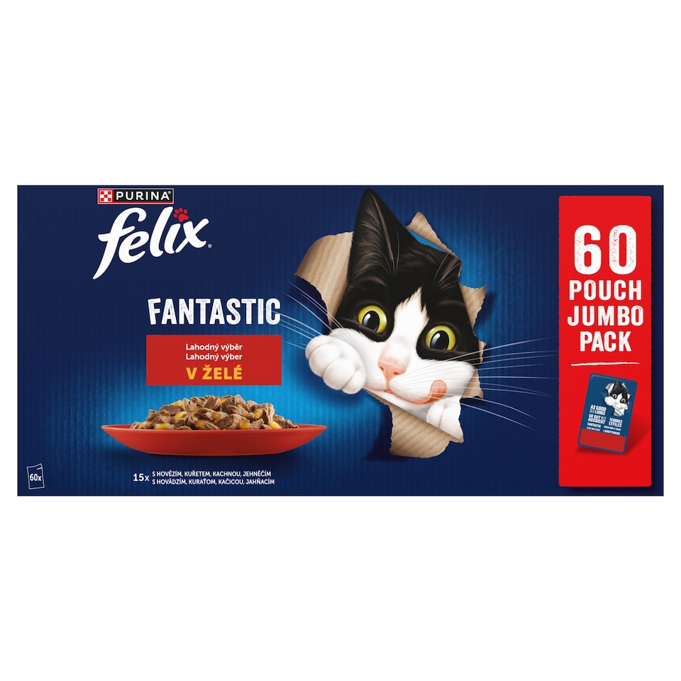 Obrázek 1 pro produkt Felix Fantastic kapsičky pro kočky hovězí, kuře, kachna, jehněčí v želé 60 x 85g 