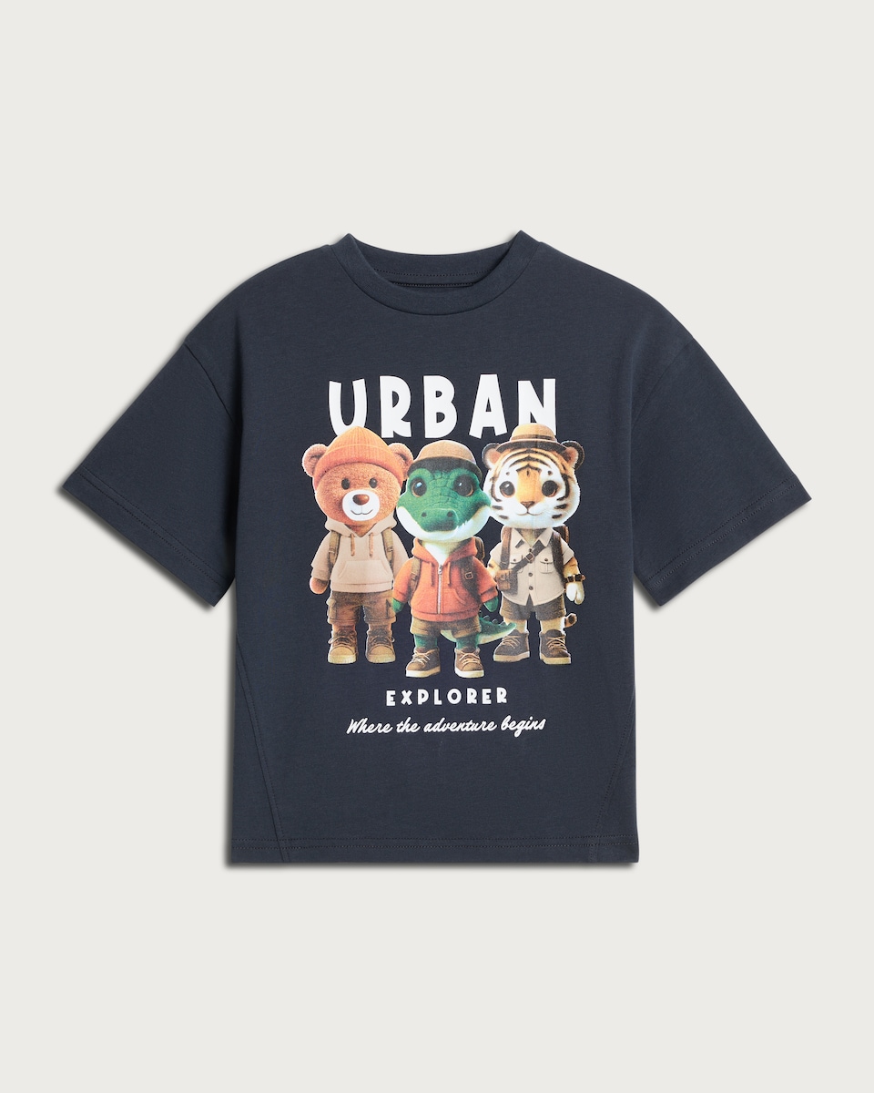 image 1 of F&F Boys Pure Cotton Urban Explorer Animal Short Sleeved T-Shirt in Grey