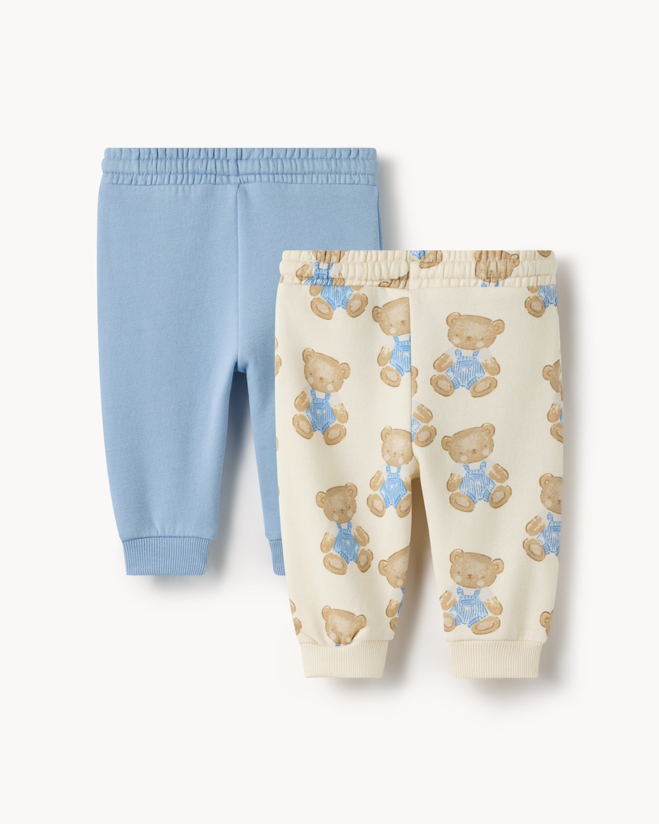 image 1 of F&F Baby 2-Pack Cotton Rich Teddy Bear Print Cuffed Joggers in Neutral