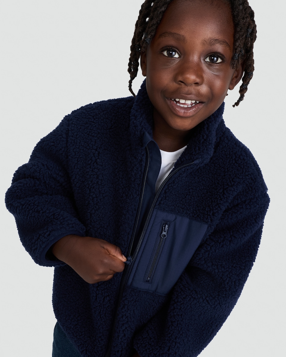 image 1 of F&F Boys Fleece Pocket Front Zip Up Jacket in Navy