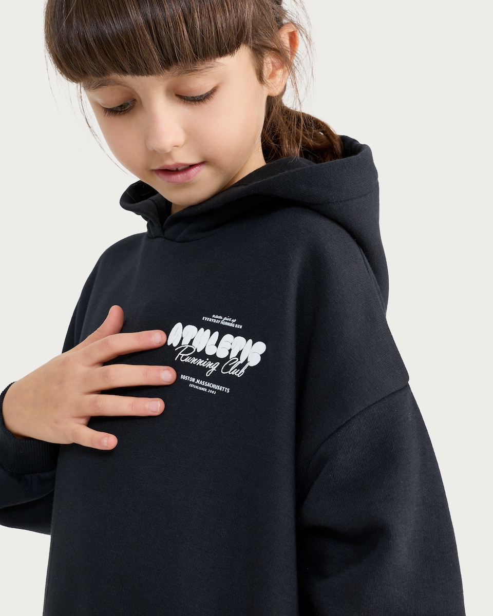 image 1 of F&F Girls Cotton Rich Athletic Running Club Oversized Hoodie in Black