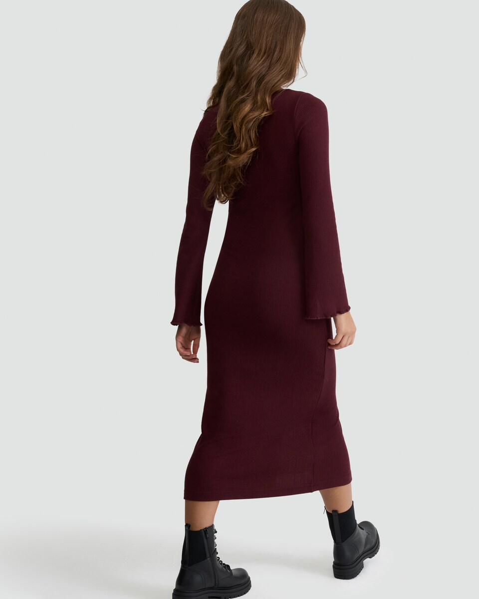 image 1 of F&F Ribbed Button Front Midi Dress in Burgundy