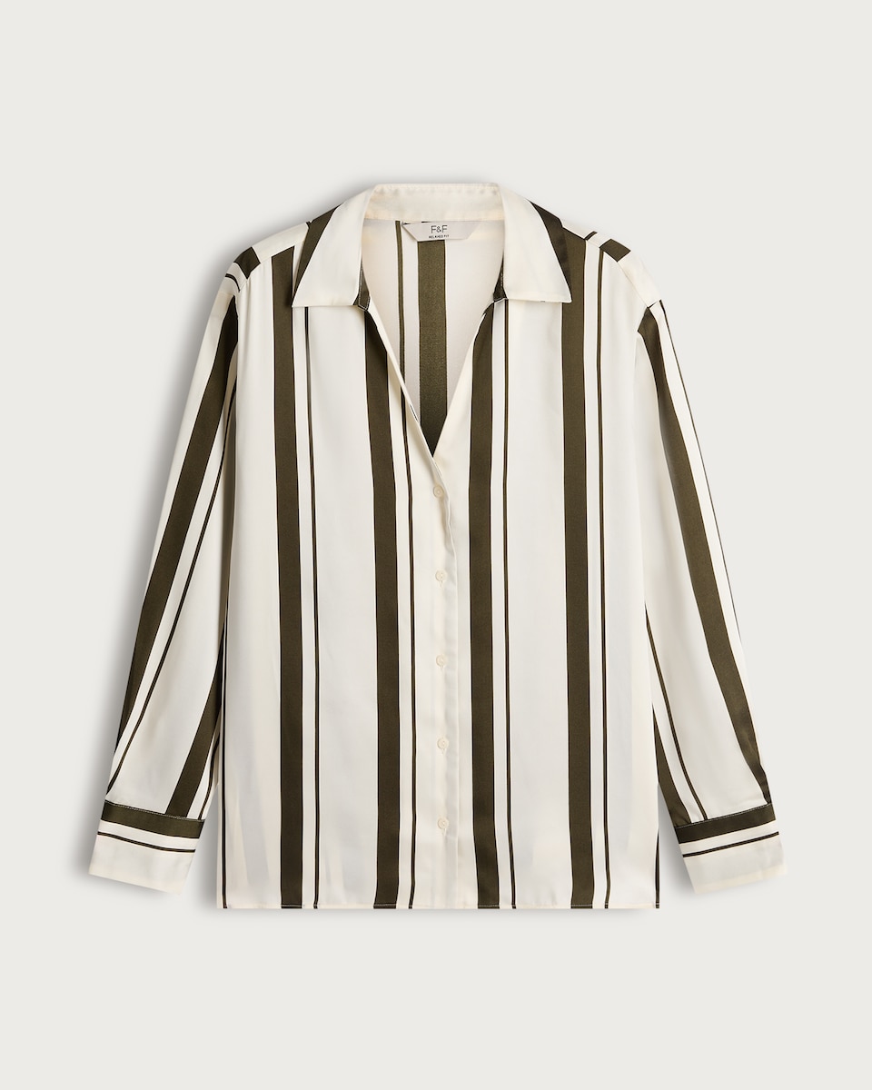 image 1 of F&F Satin Stripe Print Button Up Shirt in Khaki
