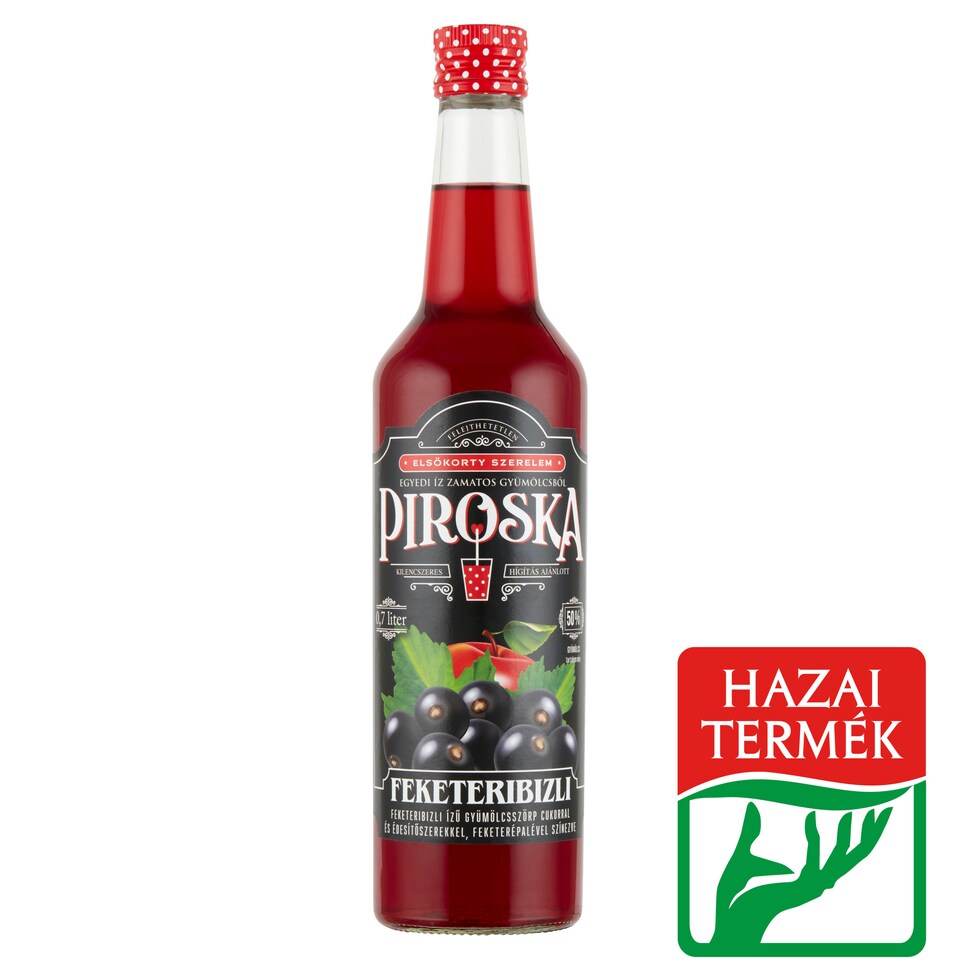 Piroska feketeribizli ízű gyümölcsszörp feketerépalével színezve cukorral és édesítőszerekkel 0,7 l