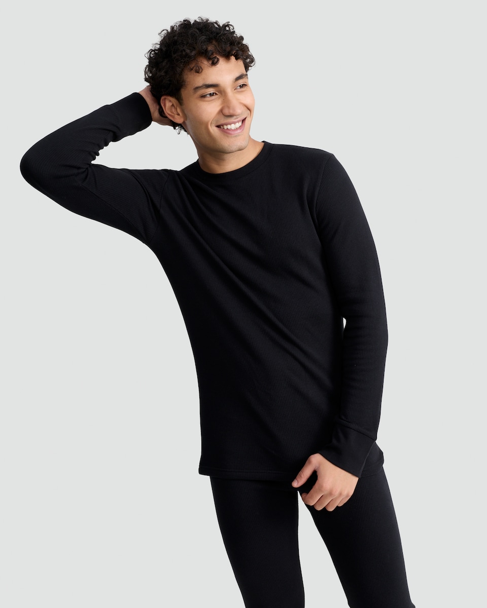 image 1 of F&F WARMPLUS™ Medium Warmth Ribbed Long Sleeved Thermal Top in Black