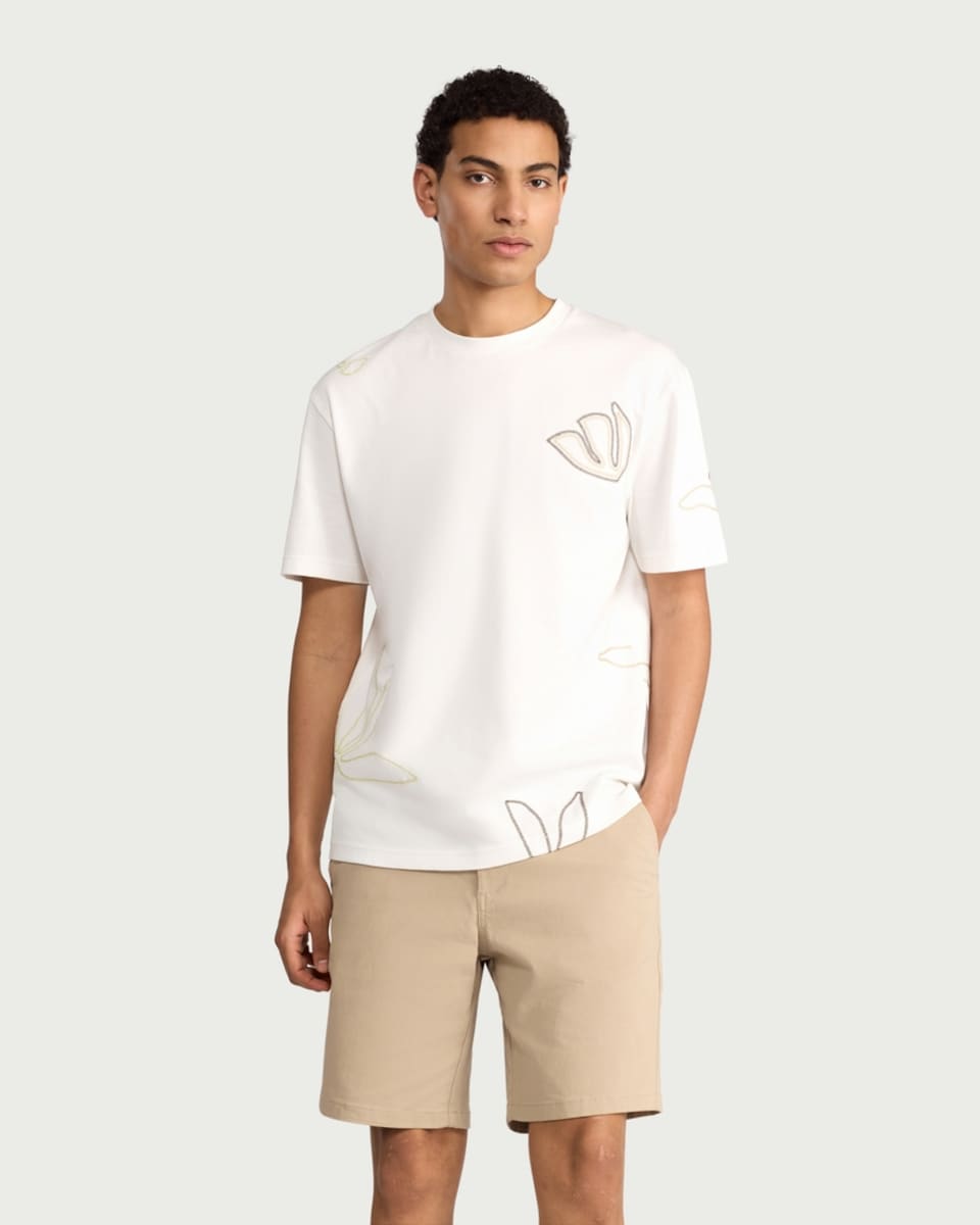 image 1 of F&F Edit Pure Cotton Embroidered T-Shirt in Ecru